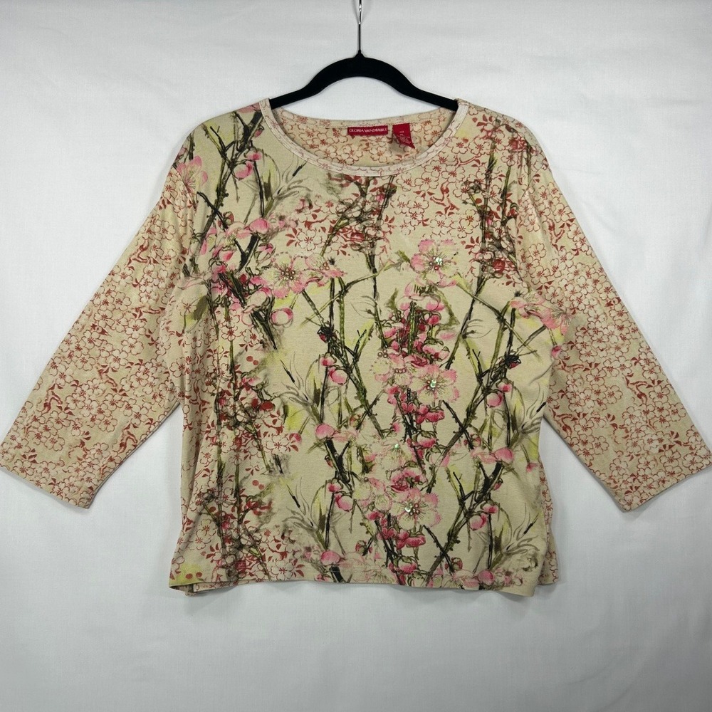 Gloria Vanderbilt Pink Floral Rhinestone Long-Sleeve Top Botanical Coquette XL